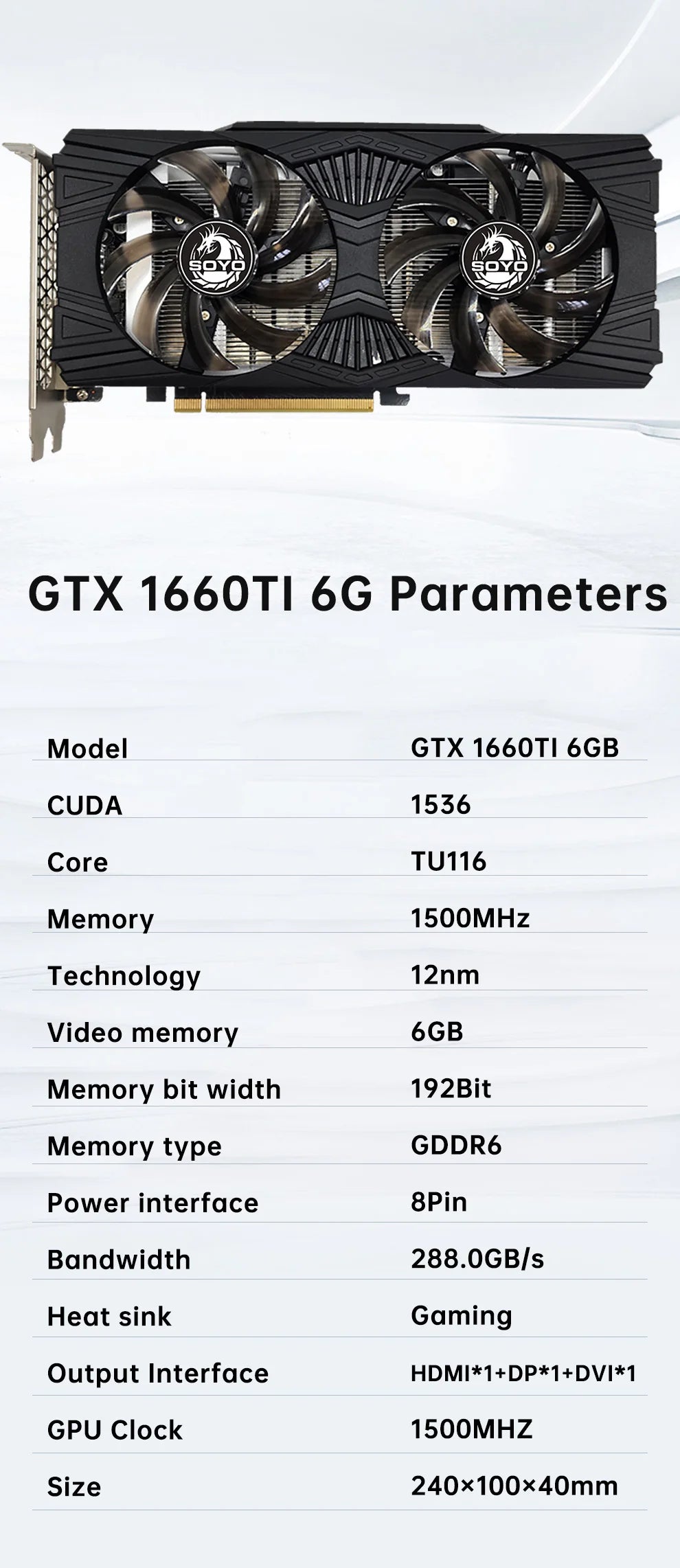 NVIDIA GTX 1660 Ti Soyo Graphic Card 6GB GPU GDDR6 192Bit PCIE3.0 Computer Video Card Support AMD and Intel Desktop CPU