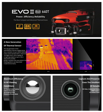 EVO II Dual 640T V2 Rugged Bundle, 8k UHD Dual Camera with thermal imaging sensor, 16X digital zoom, Radiometric Temperature Detection, 360 degrees Obstacle Avoidance and Dynamic Tracking